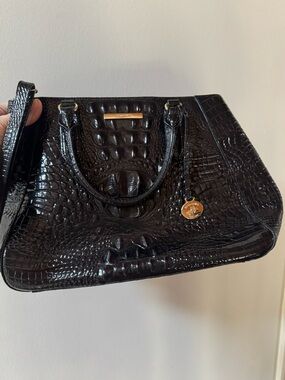 Brahmin Black Croc-Embossed Patent Leather Melbourne Satchel with Gold Accent